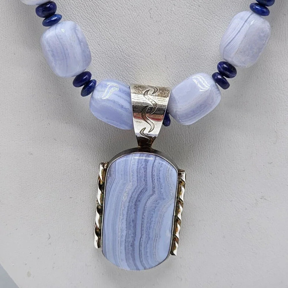 Mine Finds By Jay King DRT Blue Lace Agate Sterling Silver Bead Necklace Pendant - Picture 2 of 7